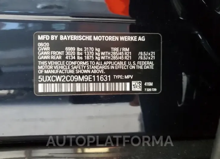 BMW X7 XDRIVE4 2021 vin 5UXCW2C09M9E11631 from auto auction Copart