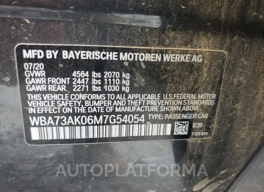 BMW 228XI 2021 vin WBA73AK06M7G54054 from auto auction Copart