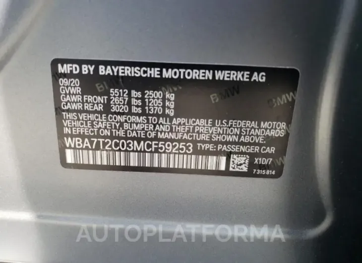 BMW 740 I 2021 vin WBA7T2C03MCF59253 from auto auction Copart