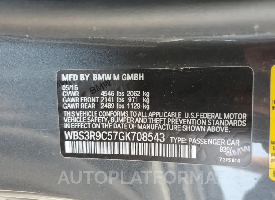 BMW M4 2016 vin WBS3R9C57GK708543 from auto auction Copart