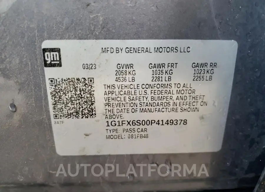 CHEVROLET BOLT EV 2L 2023 vin 1G1FX6S00P4149378 from auto auction Copart