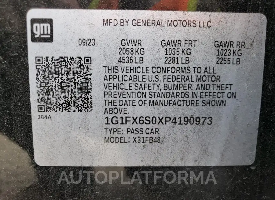 CHEVROLET BOLT EV 2L 2023 vin 1G1FX6S0XP4190973 from auto auction Copart