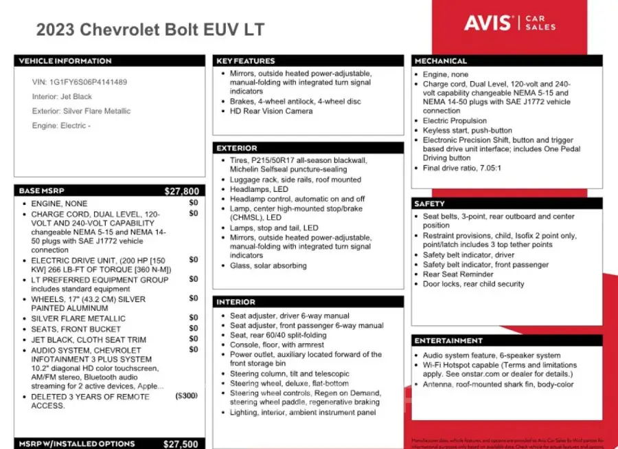 CHEVROLET BOLT EUV L 2023 vin 1G1FY6S06P4141489 from auto auction Copart