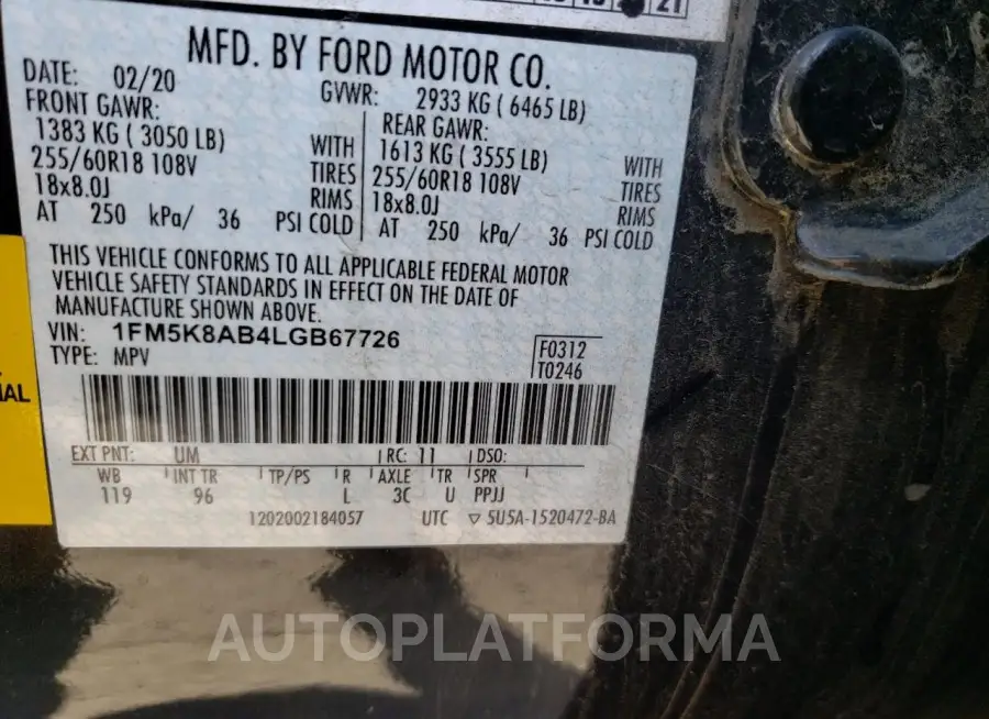 FORD EXPLORER P 2020 vin 1FM5K8AB4LGB67726 from auto auction Copart