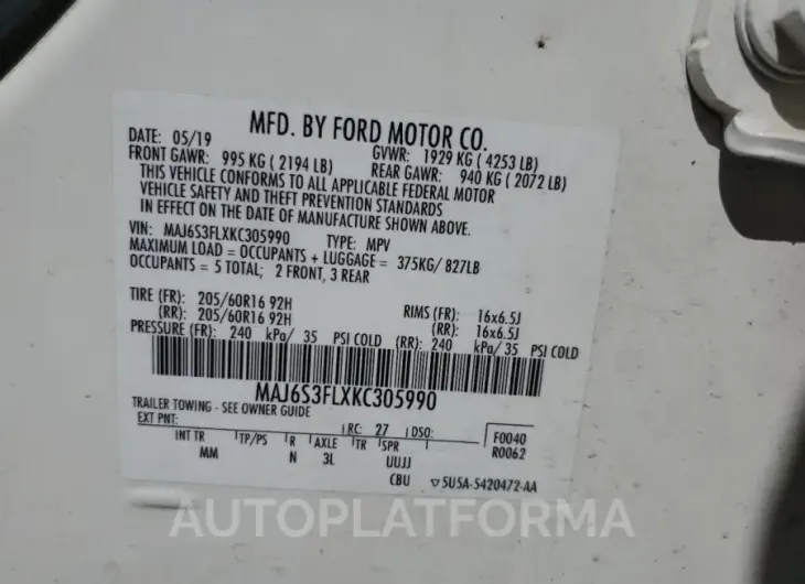 FORD ECOSPORT S 2019 vin MAJ6S3FLXKC305990 from auto auction Copart