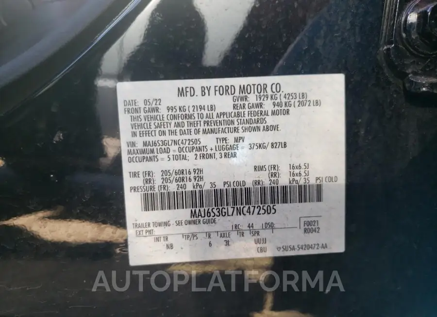 FORD ECOSPORT S 2022 vin MAJ6S3GL7NC472505 from auto auction Copart