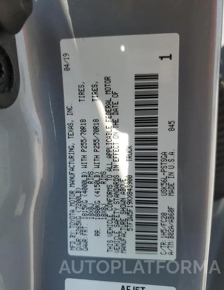 TOYOTA TUNDRA CRE 2019 vin 5TFDW5F19KX843900 from auto auction Copart