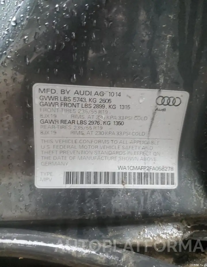 AUDI Q5 TDI PRE 2015 vin WA1CMAFP2FA058278 from auto auction Copart