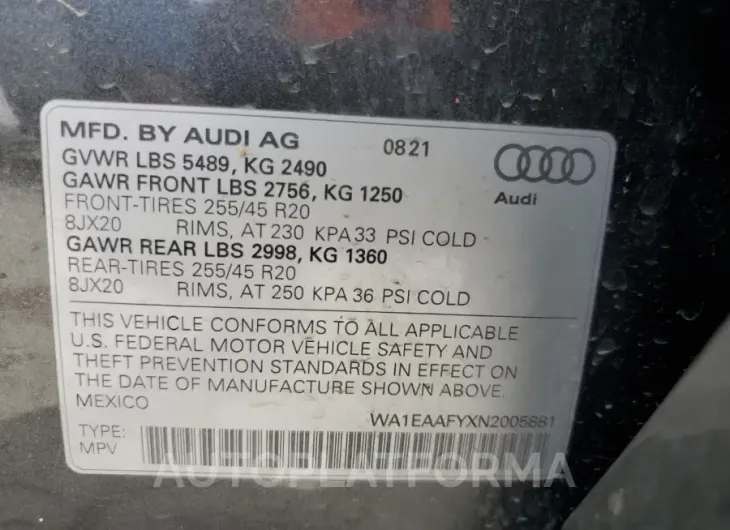 AUDI Q5 PREMIUM 2022 vin WA1EAAFYXN2005881 from auto auction Copart