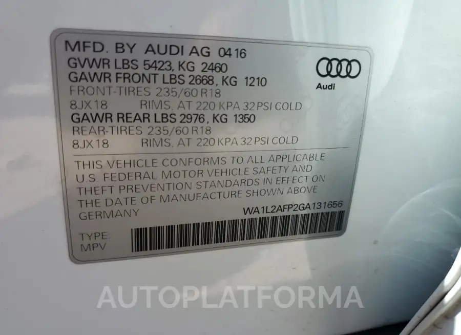 AUDI Q5 PREMIUM 2016 vin WA1L2AFP2GA131656 from auto auction Copart