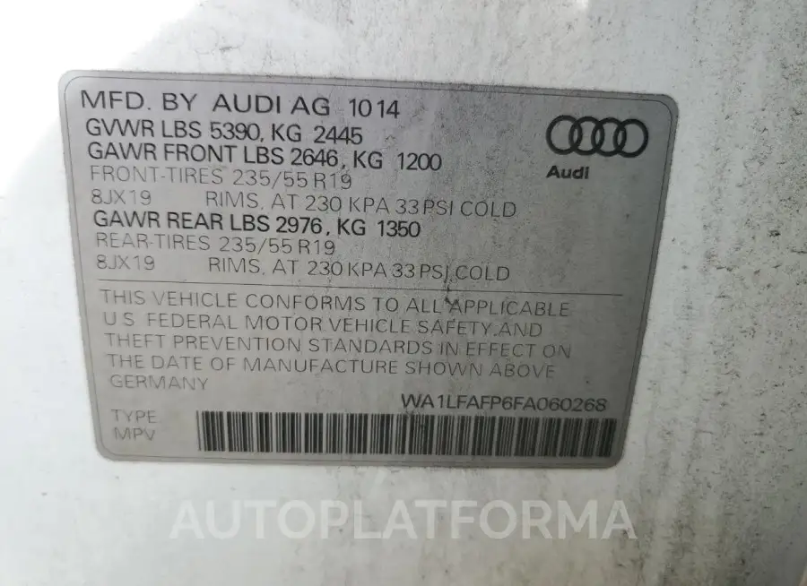 AUDI Q5 PREMIUM 2015 vin WA1LFAFP6FA060268 from auto auction Copart