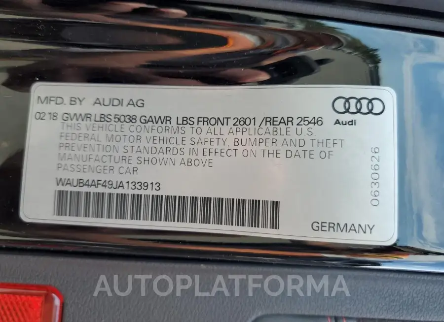 AUDI S4 PREMIUM 2018 vin WAUB4AF49JA133913 from auto auction Copart