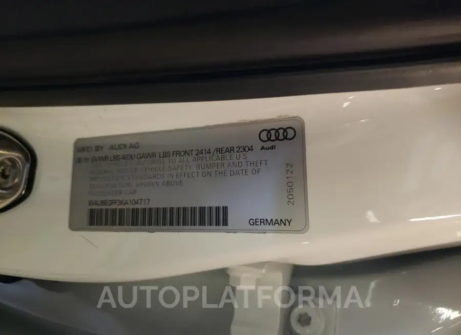 AUDI A3 PREMIUM 2019 vin WAUBEGFF3KA104717 from auto auction Copart