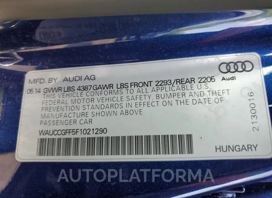 AUDI A3 PREMIUM 2015 vin WAUCCGFF5F1021290 from auto auction Copart