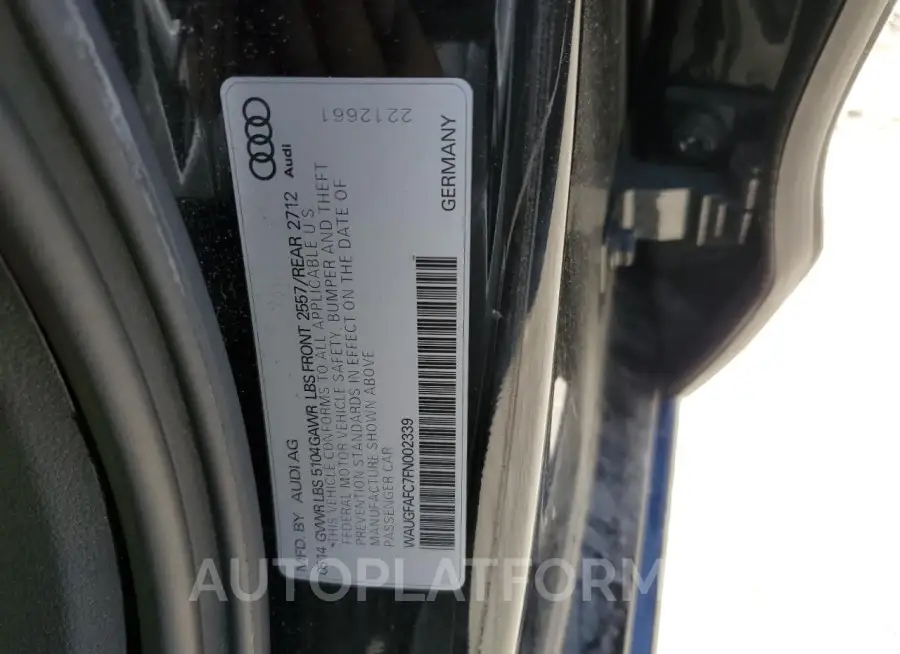 AUDI A6 PREMIUM 2015 vin WAUGFAFC7FN002339 from auto auction Copart