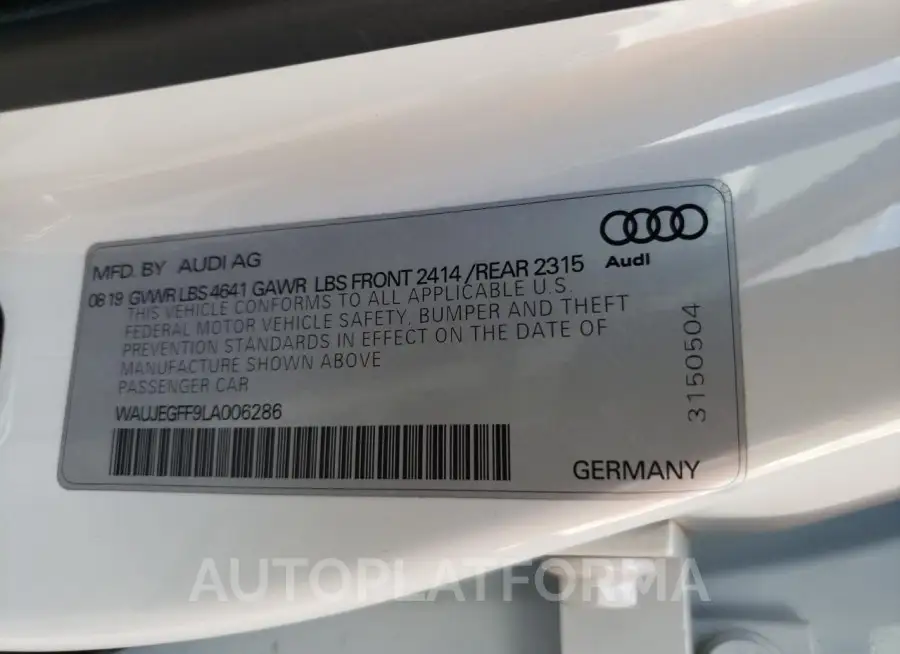 AUDI A3 S-LINE 2020 vin WAUJEGFF9LA006286 from auto auction Copart