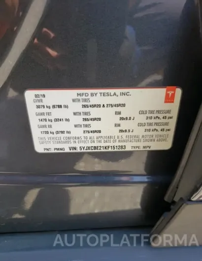 TESLA MODEL X 2019 vin 5YJXCBE21KF151283 from auto auction Copart