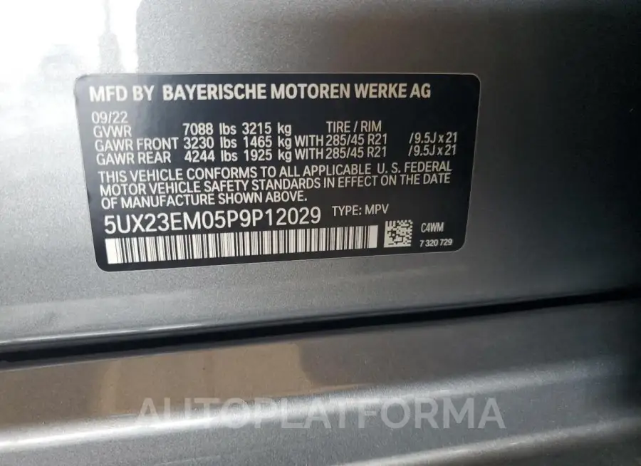 BMW X7 XDRIVE4 2023 vin 5UX23EM05P9P12029 from auto auction Copart