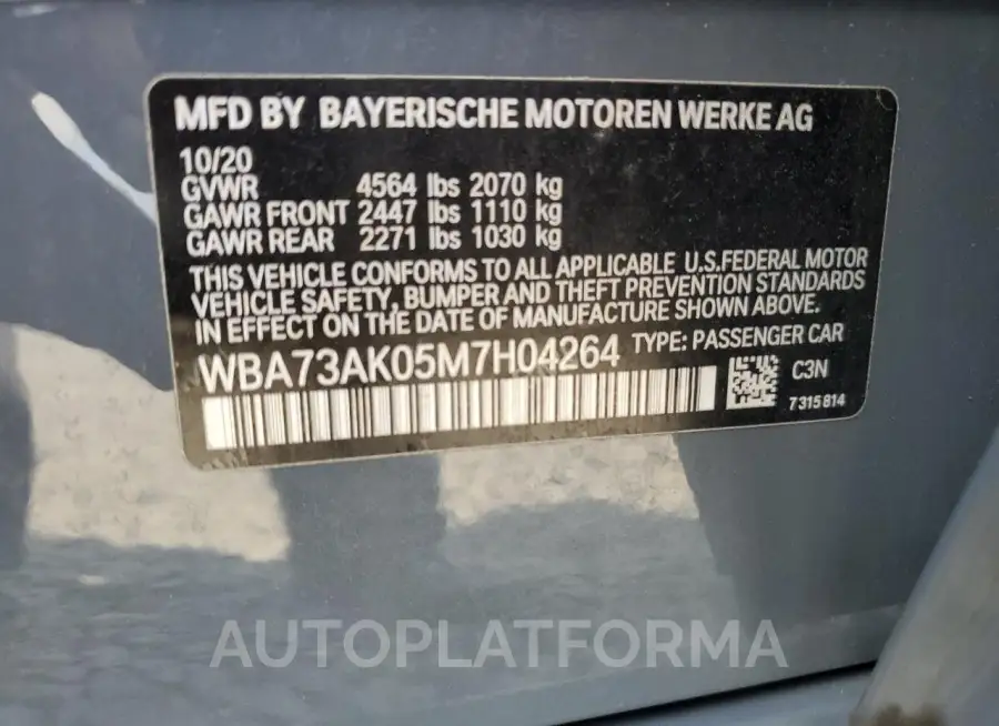 BMW 228XI 2021 vin WBA73AK05M7H04264 from auto auction Copart