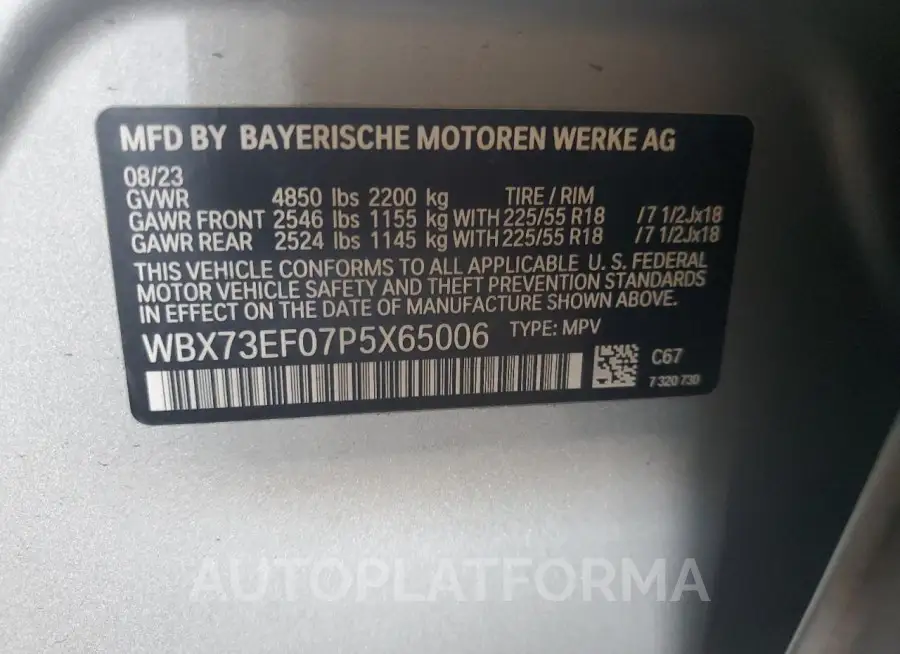 BMW X1 XDRIVE2 2023 vin WBX73EF07P5X65006 from auto auction Copart