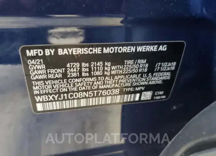 BMW X2 XDRIVE2 2022 vin WBXYJ1C08N5T76038 from auto auction Copart