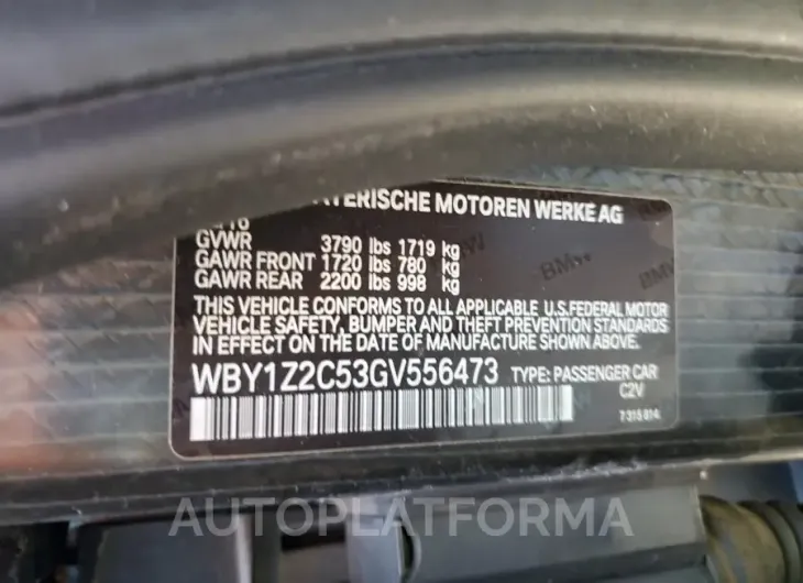 BMW I3 BEV 2016 vin WBY1Z2C53GV556473 from auto auction Copart