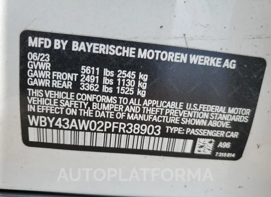 BMW I4 EDRIVE 2023 vin WBY43AW02PFR38903 from auto auction Copart