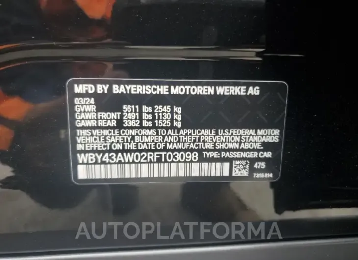 BMW I4 EDRIVE 2024 vin WBY43AW02RFT03098 from auto auction Copart