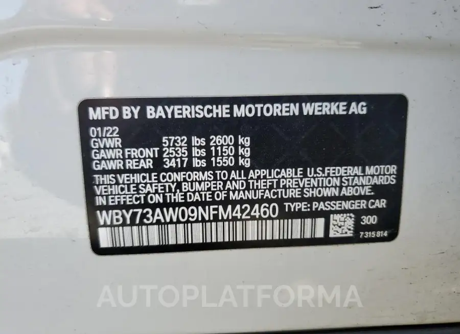 BMW I4 EDRIVE 2022 vin WBY73AW09NFM42460 from auto auction Copart