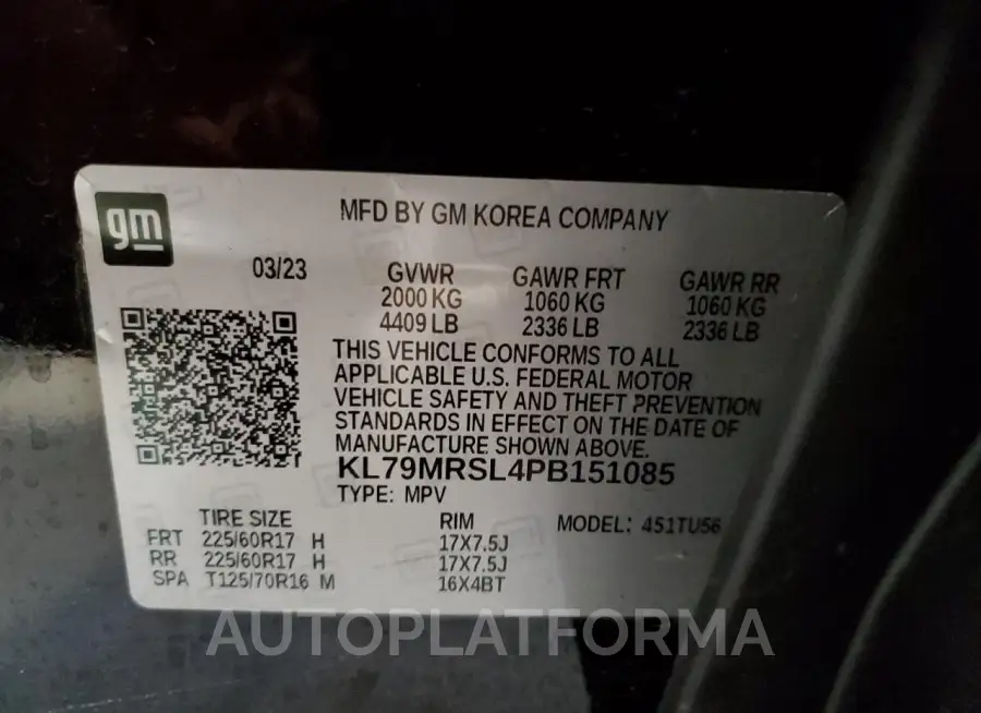 CHEVROLET TRAILBLAZE 2023 vin KL79MRSL4PB151085 from auto auction Copart