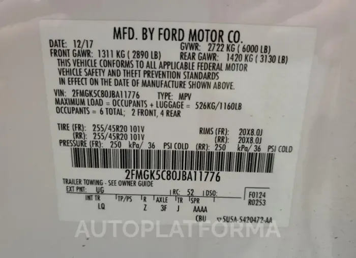 FORD FLEX SEL 2018 vin 2FMGK5C80JBA11776 from auto auction Copart