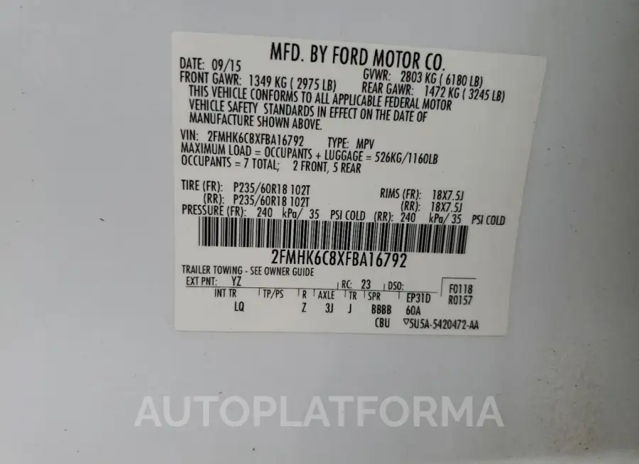 FORD FLEX SEL 2015 vin 2FMHK6C8XFBA16792 from auto auction Copart