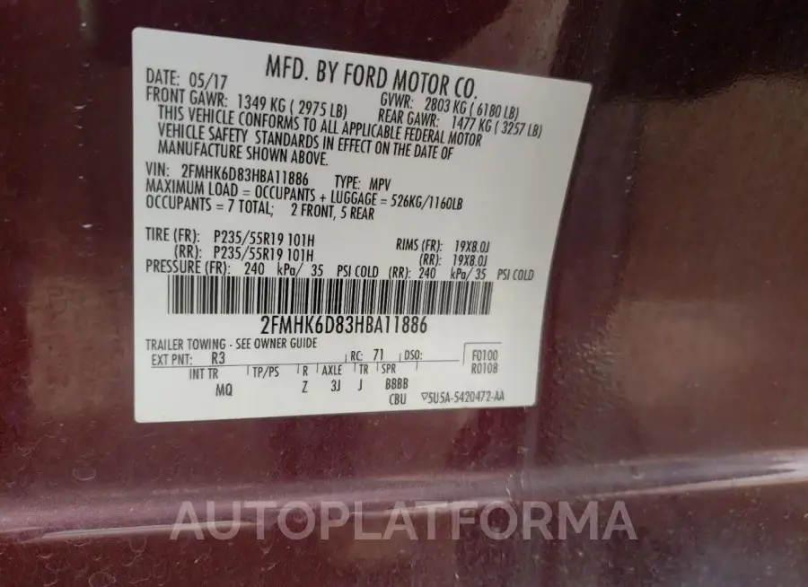 FORD FLEX LIMIT 2017 vin 2FMHK6D83HBA11886 from auto auction Copart