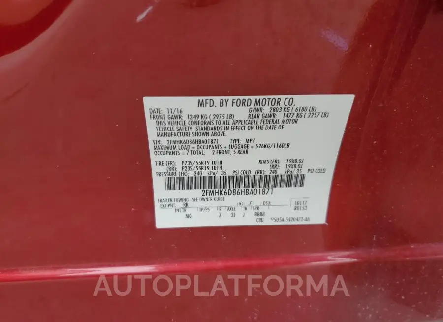 FORD FLEX LIMIT 2017 vin 2FMHK6D86HBA01871 from auto auction Copart