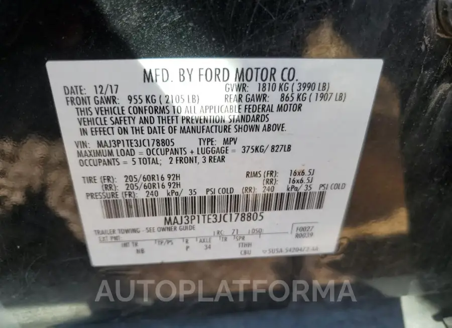 FORD ECOSPORT S 2018 vin MAJ3P1TE3JC178805 from auto auction Copart