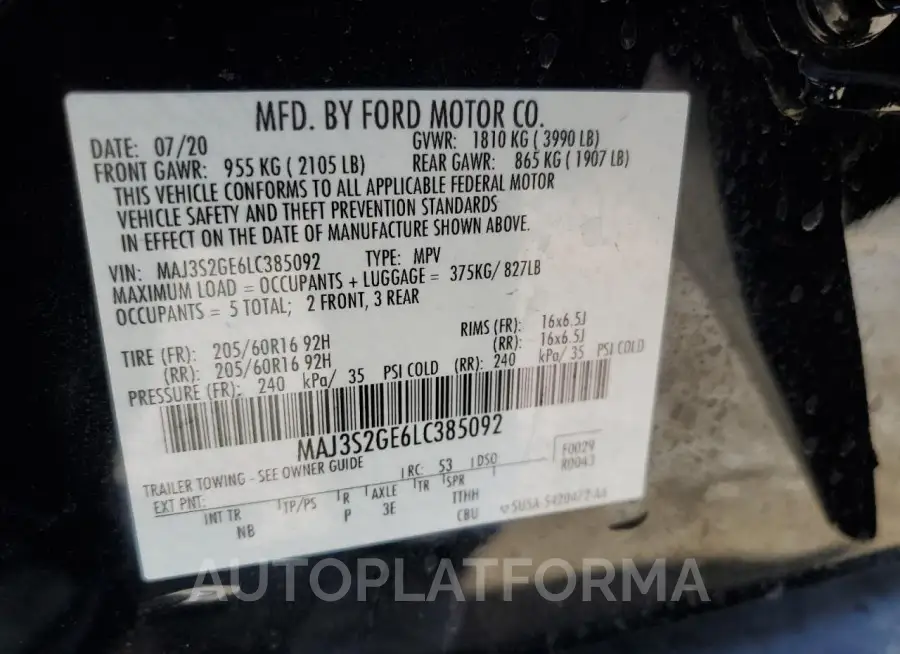 FORD ECOSPORT S 2020 vin MAJ3S2GE6LC385092 from auto auction Copart