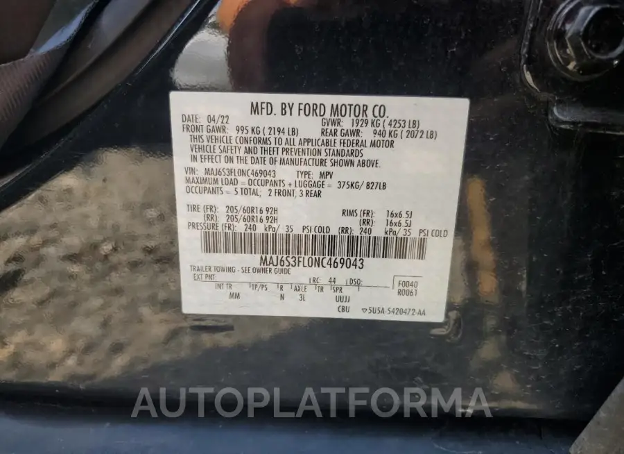 FORD ECOSPORT S 2022 vin MAJ6S3FL0NC469043 from auto auction Copart