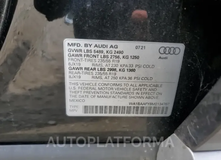 AUDI Q5 PREMIUM 2021 vin WA1BAAFY8M2134767 from auto auction Copart