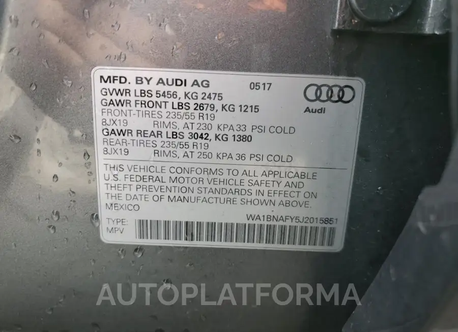 AUDI Q5 PREMIUM 2018 vin WA1BNAFY5J2015851 from auto auction Copart