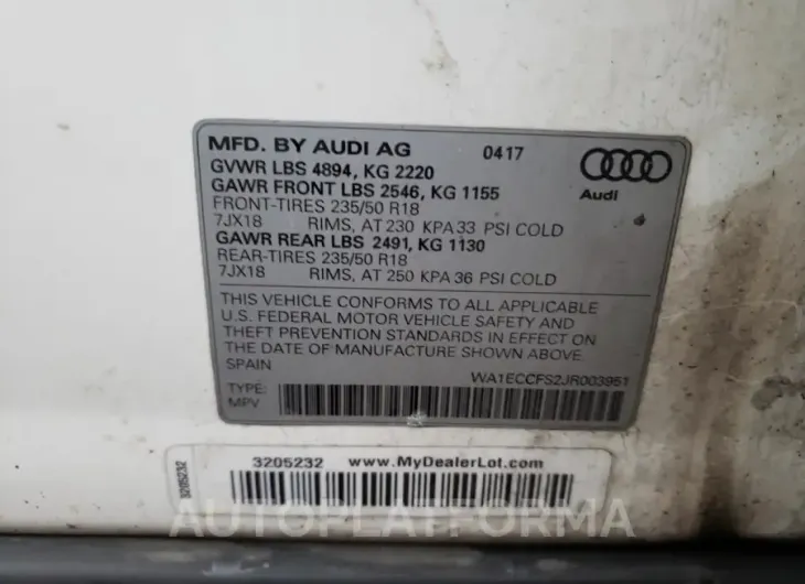 AUDI Q3 PREMIUM 2018 vin WA1ECCFS2JR003951 from auto auction Copart