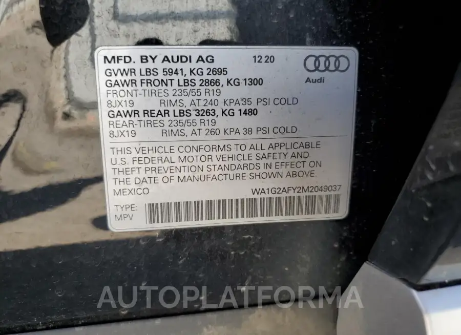 AUDI Q5 E PREMI 2021 vin WA1G2AFY2M2049037 from auto auction Copart