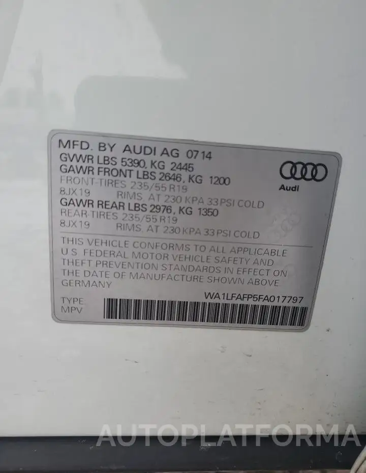 AUDI Q5 PREMIUM 2015 vin WA1LFAFP5FA017797 from auto auction Copart