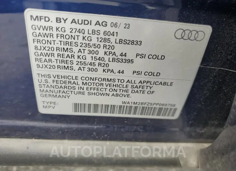 AUDI Q4 E-TRON 2023 vin WA1M2BFZ5PP069758 from auto auction Copart