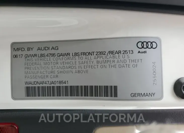 AUDI A4 PREMIUM 2018 vin WAUDNAF47JA018541 from auto auction Copart