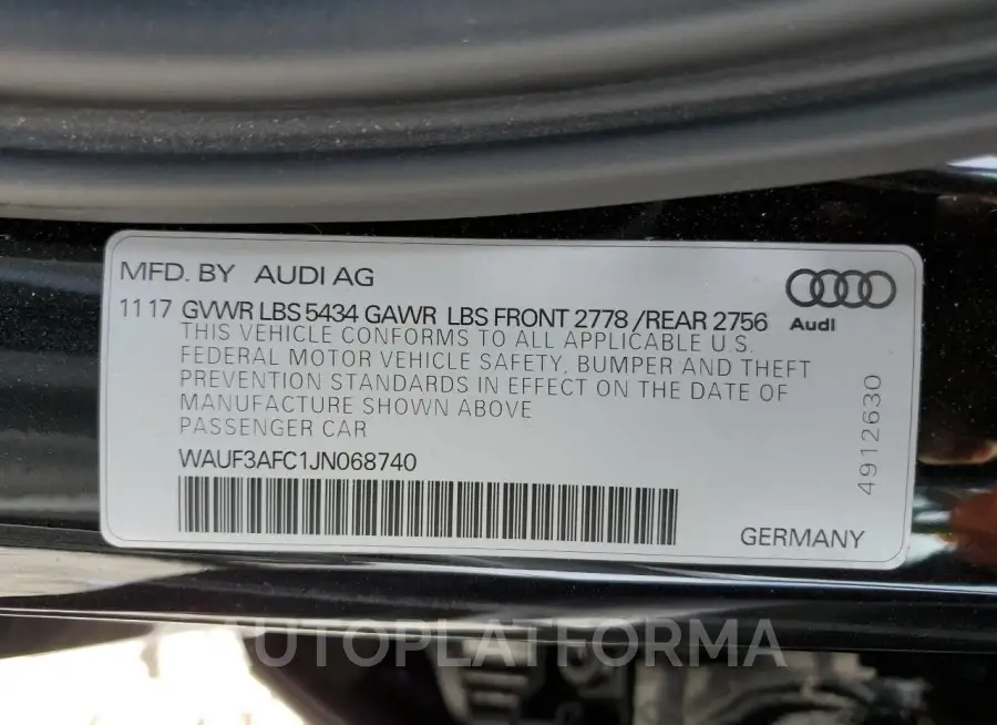 AUDI A6 PREMIUM 2018 vin WAUF3AFC1JN068740 from auto auction Copart