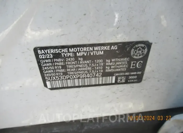 BMW X3 XDRIVE3 2023 vin 5UX53DP0XP9R40742 from auto auction Copart