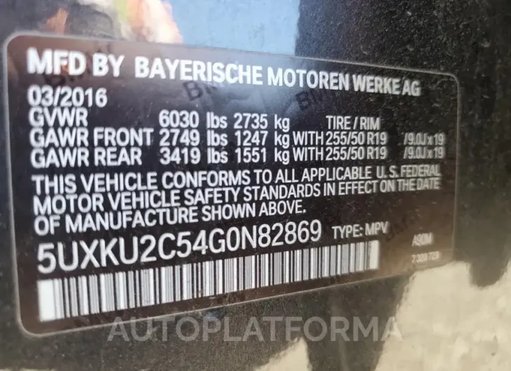 BMW X6 XDRIVE3 2016 vin 5UXKU2C54G0N82869 from auto auction Copart