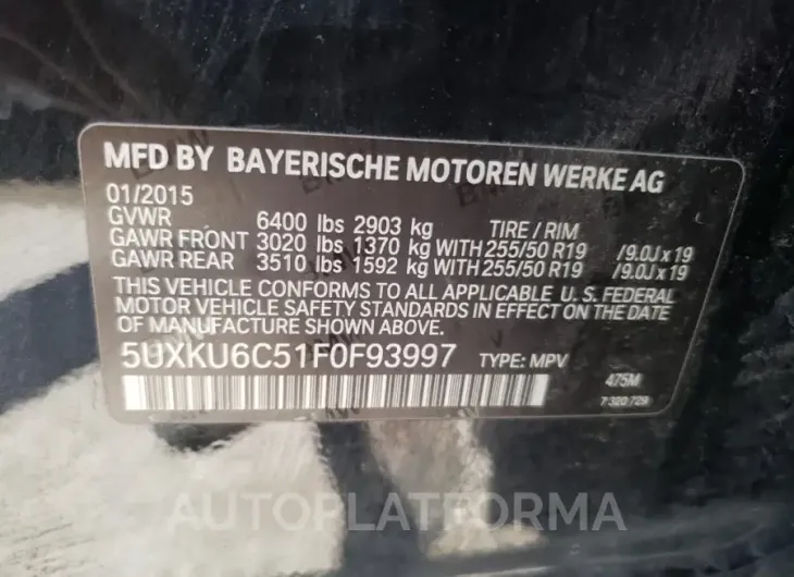 BMW X6 XDRIVE5 2015 vin 5UXKU6C51F0F93997 from auto auction Copart