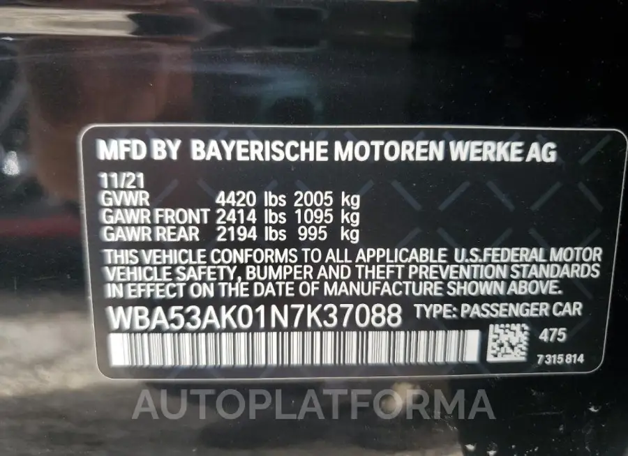 BMW 228I 2022 vin WBA53AK01N7K37088 from auto auction Copart