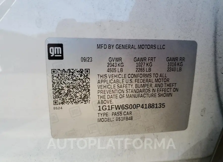 CHEVROLET BOLT EV 1L 2023 vin 1G1FW6S00P4188135 from auto auction Copart